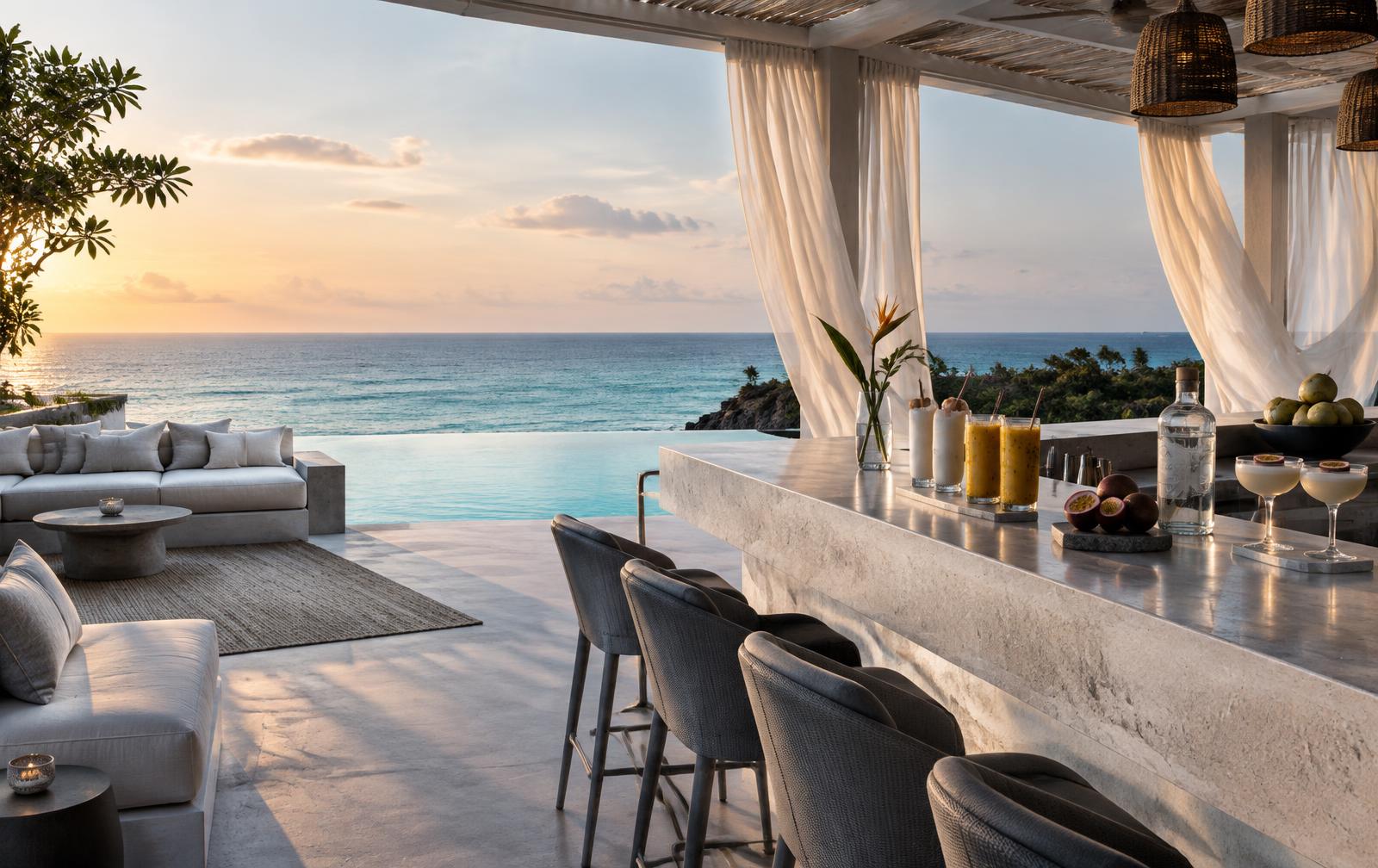 Open-air ocean bar pavilion beside the infinity edge at golden hour