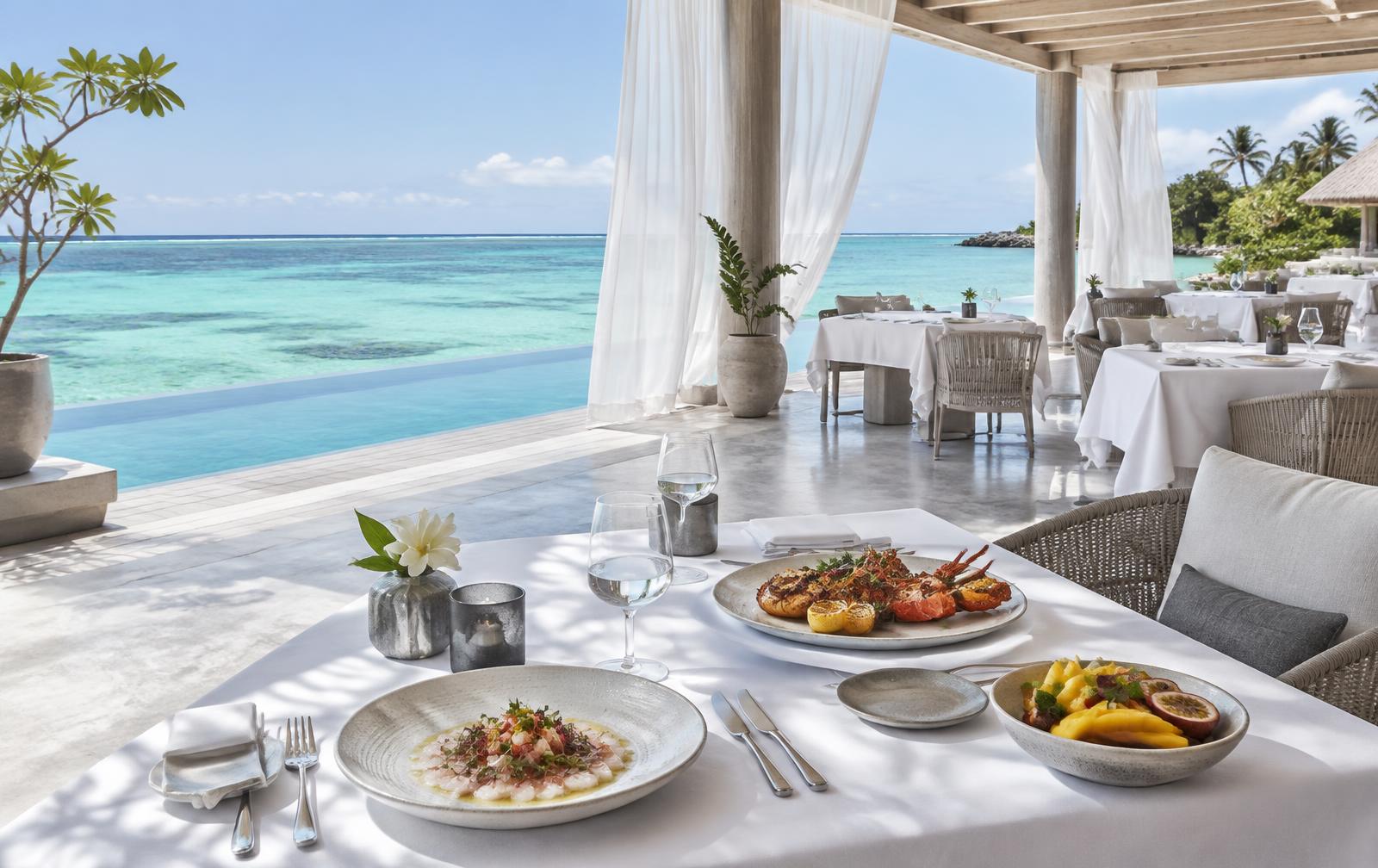 Open-air beachfront dining pavilion set with linen tables above the turquoise lagoon