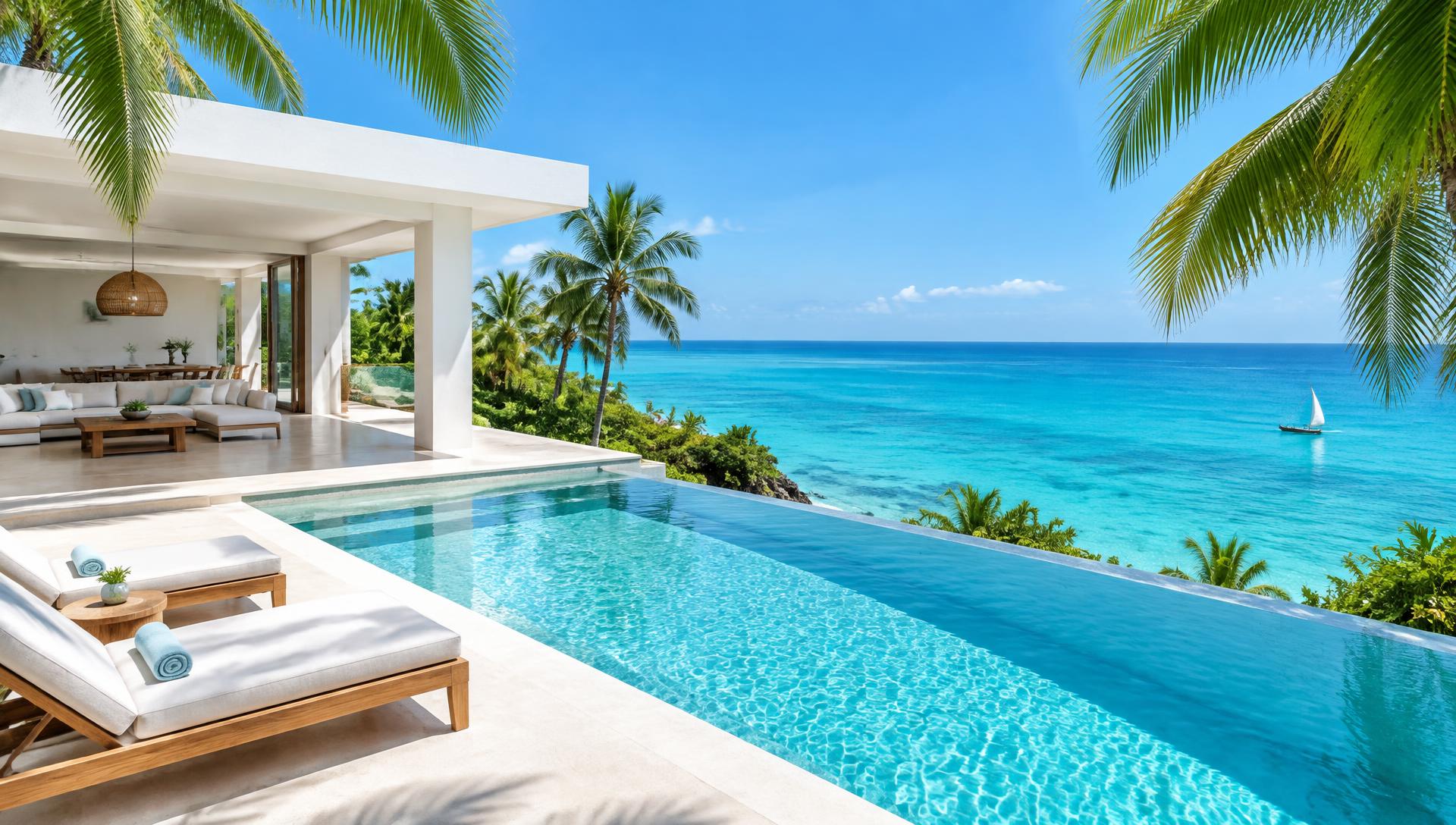 Sunlit villa with infinity pool above the turquoise ocean, Zanzibar