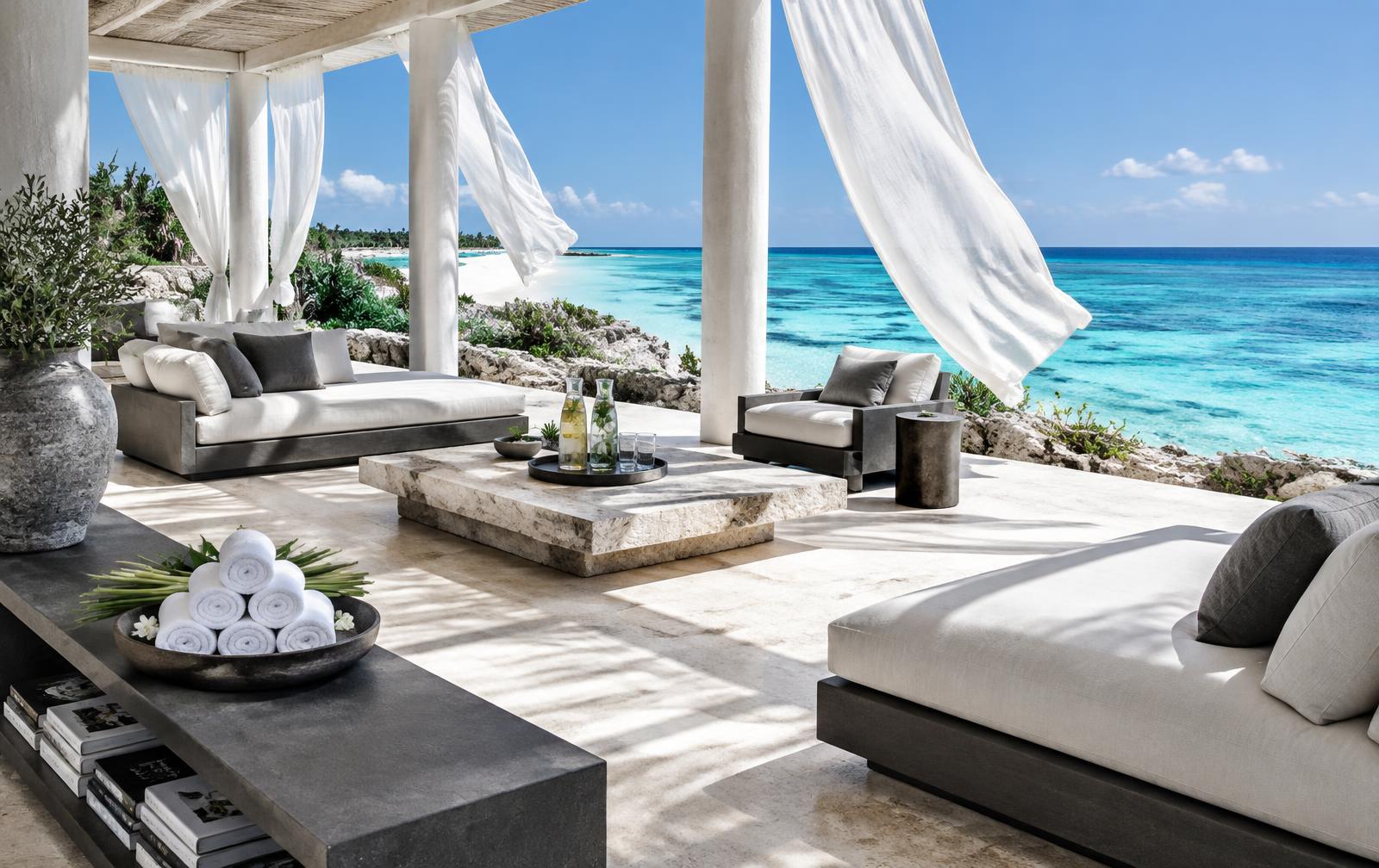 Open-air oceanfront arrival lounge pavilion with linen drapes above the turquoise cliff