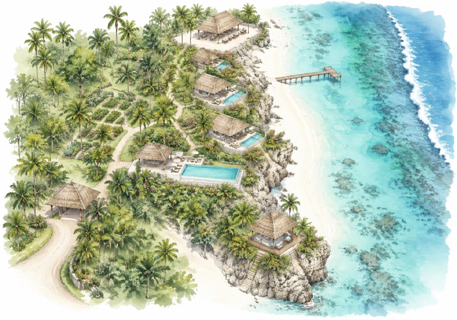 Illustrated map of The Resort on the Kiwengwa coral cliff